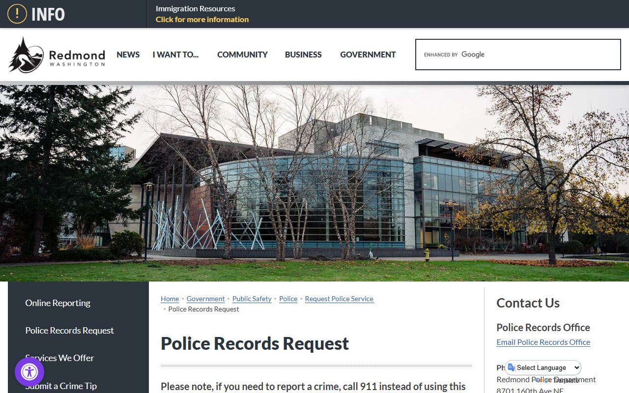 Redmond Police Department records request page for Redmond felony arrest records