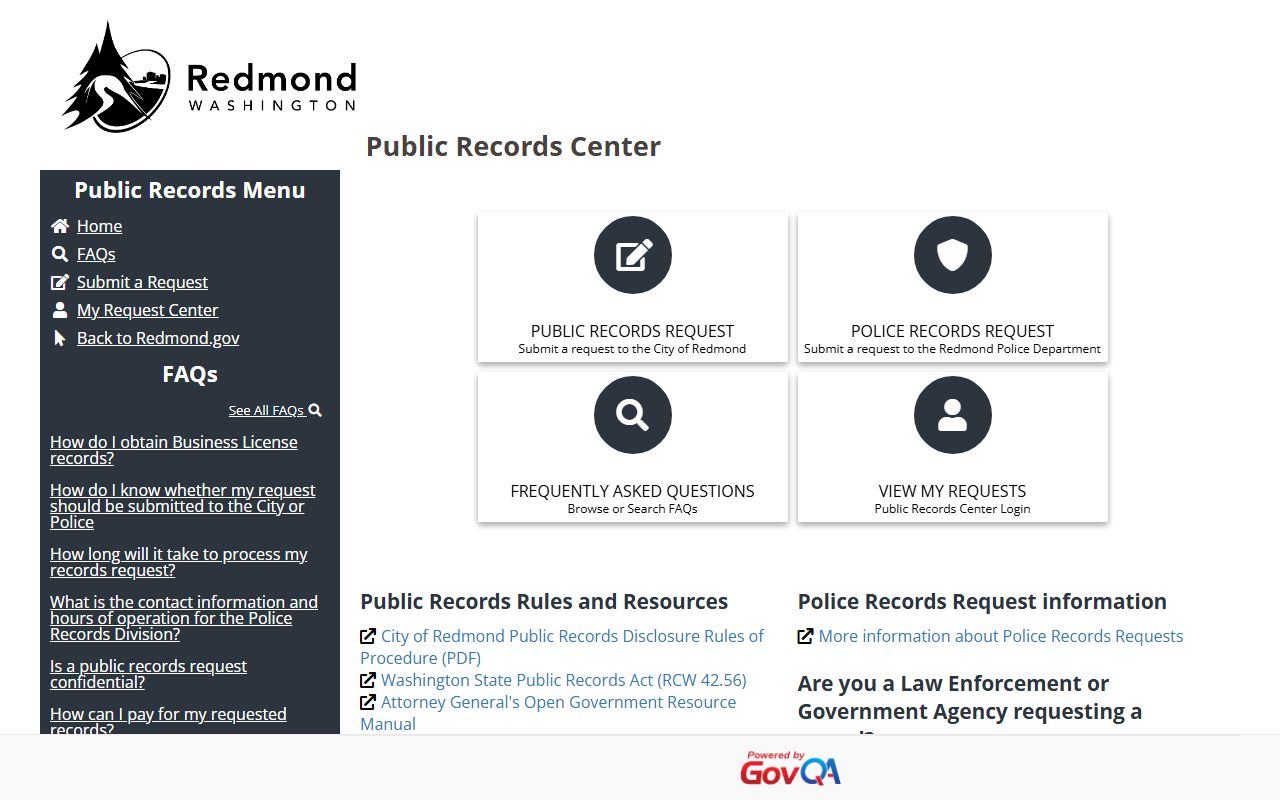 Redmond city public records request page for general Redmond records access