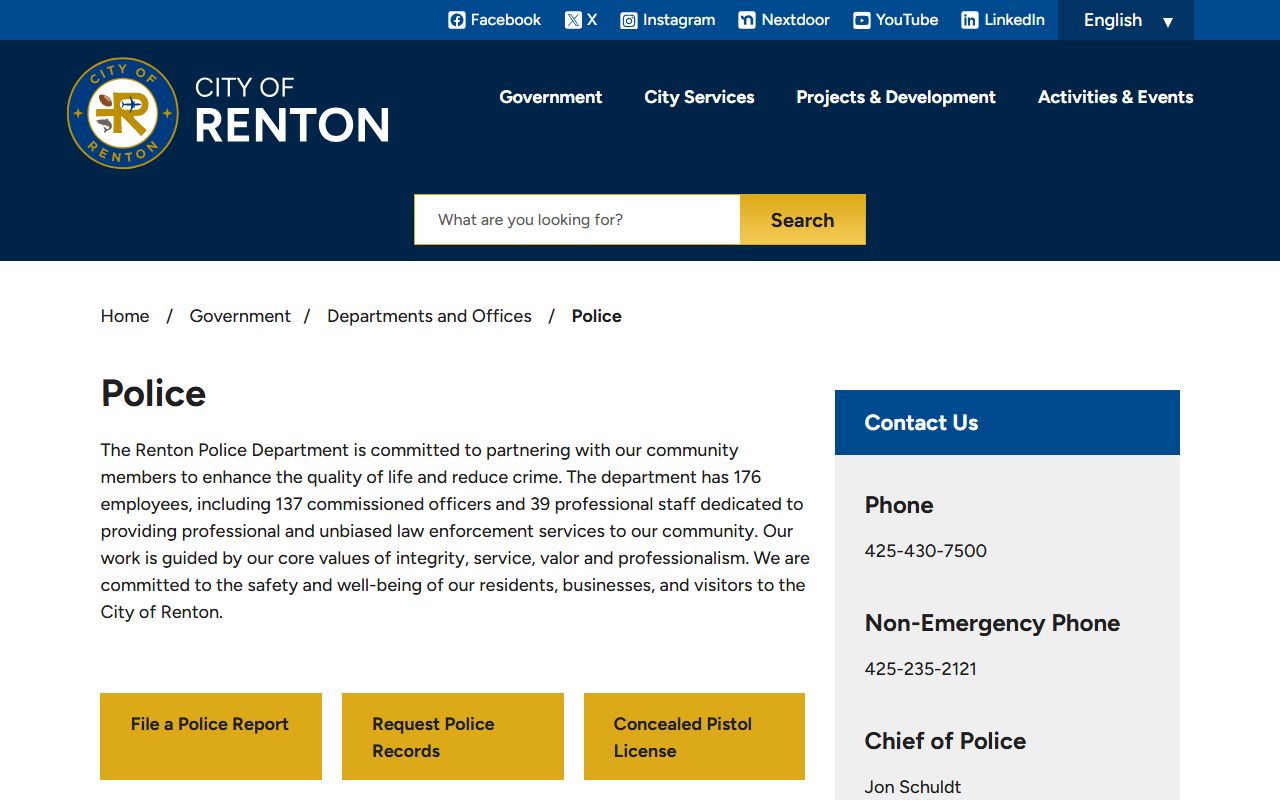 Renton Police Department page for Renton felony arrest records and incident reports