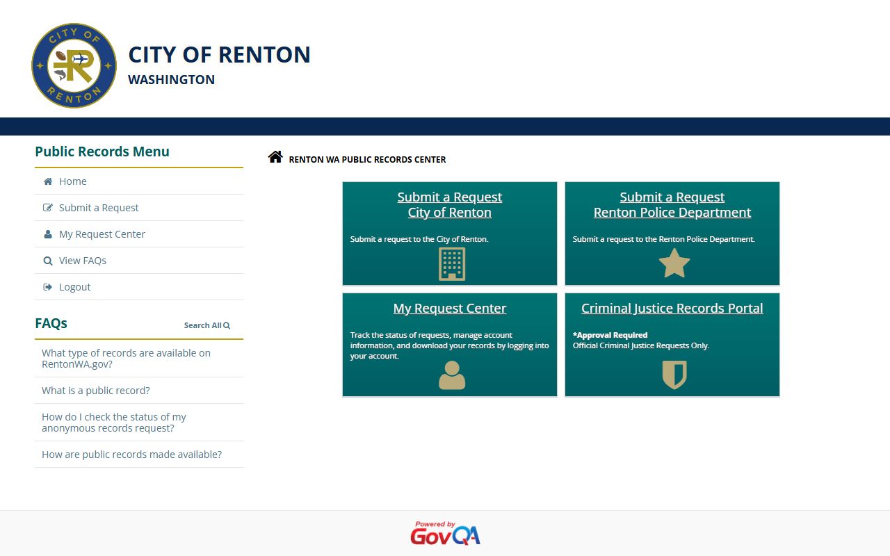 Renton public records request portal for submitting document requests to the City of Renton