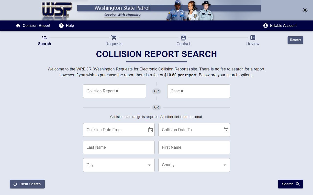 WSP collision report order page for Washington State Patrol traffic records near Richland