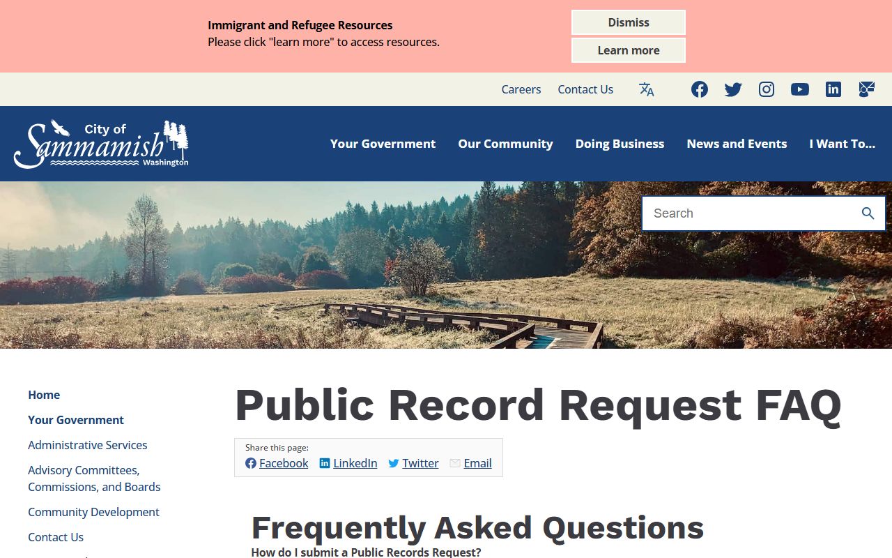 Sammamish public records FAQ page for city document and records request information