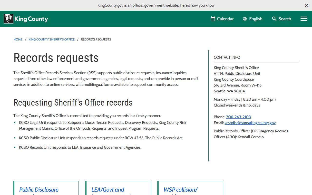 King County Sheriff public records request page for SeaTac area arrest records and law enforcement documents