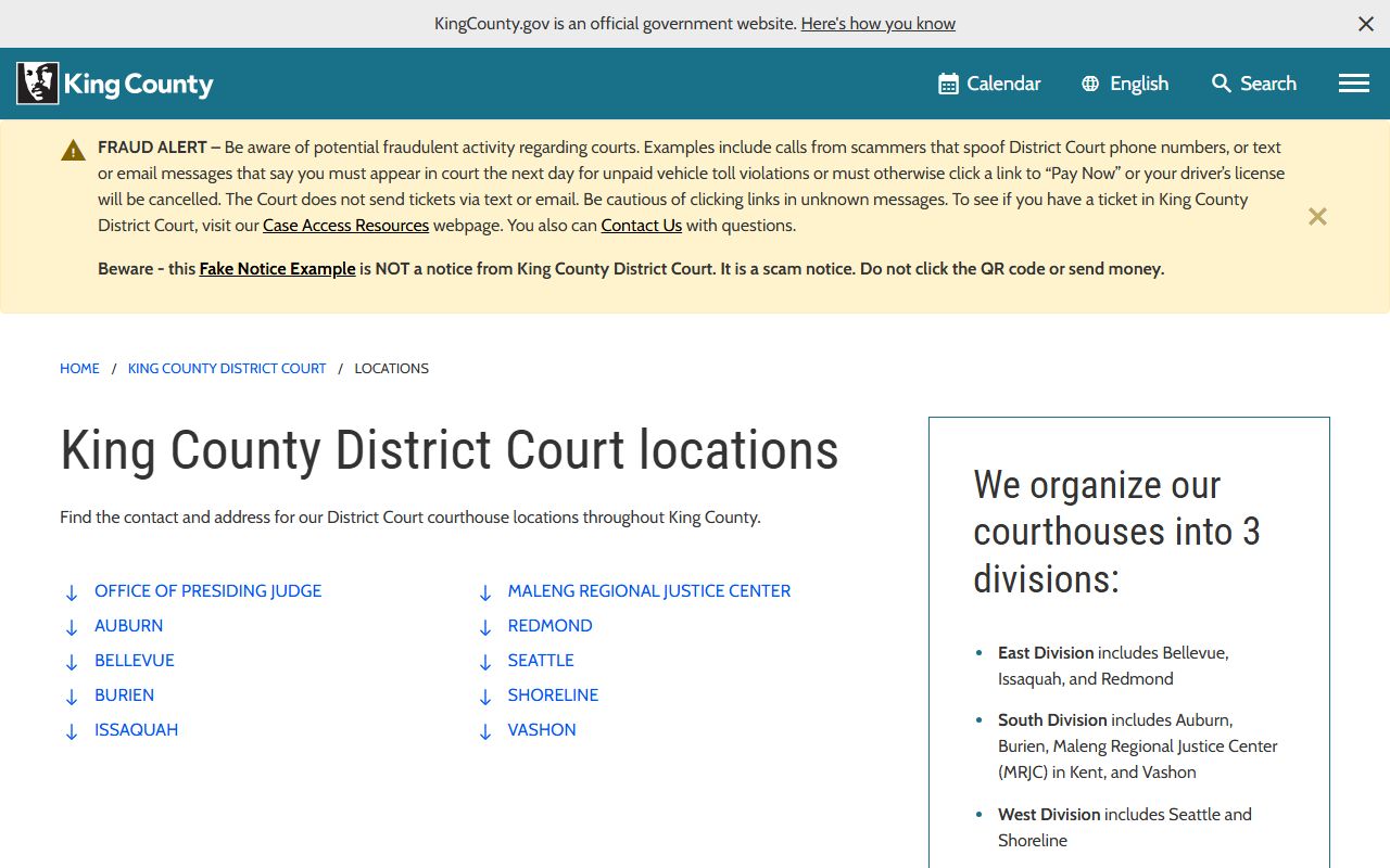 King County District Court locations page for Shoreline area misdemeanor cases and records access