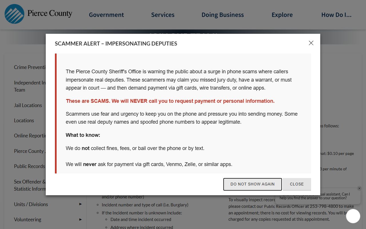 Pierce County Sheriff public records request page for Parkland area arrest records