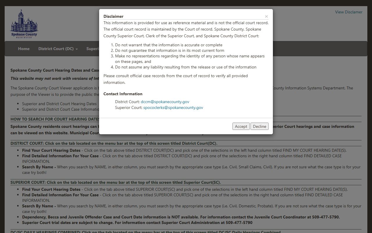 Spokane County Court Document Viewer for Spokane Valley felony records