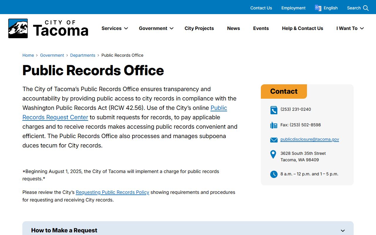 Tacoma Public Records Office page for felony records and police reports