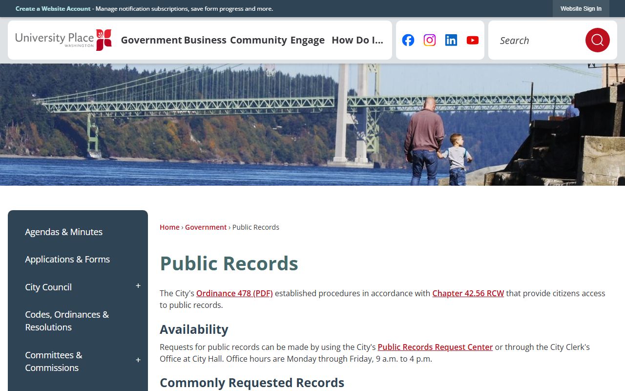 University Place public records portal for city records requests