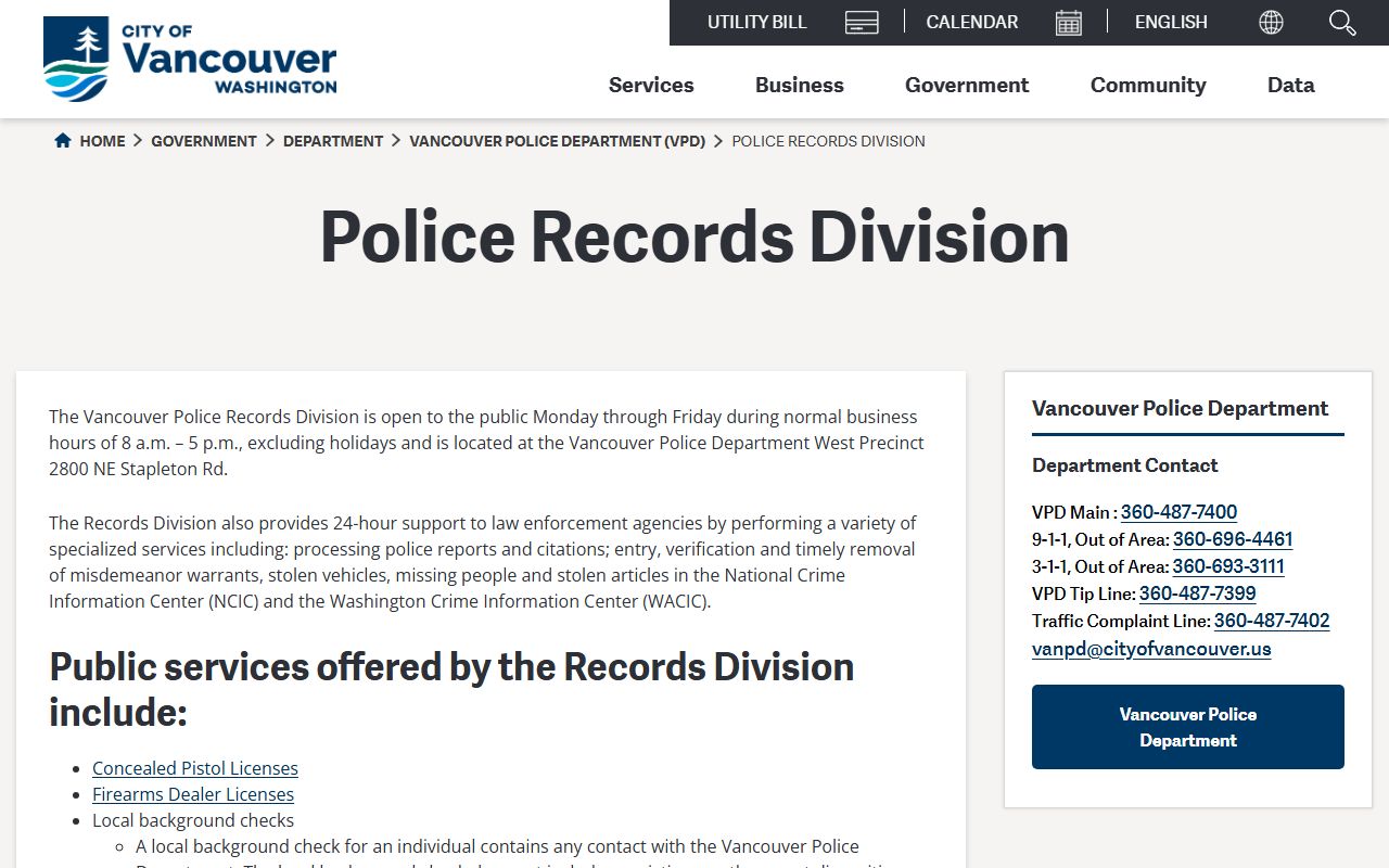 Vancouver Police Department records page for felony arrests and reports