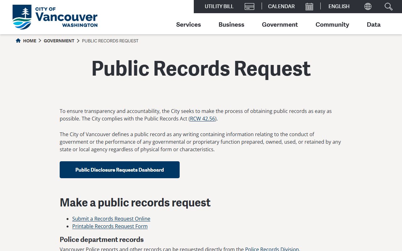 Vancouver Washington public records portal for city department records