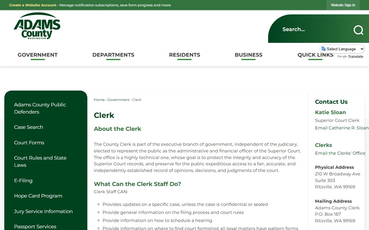 Adams County Clerk page with felony records access and contact information