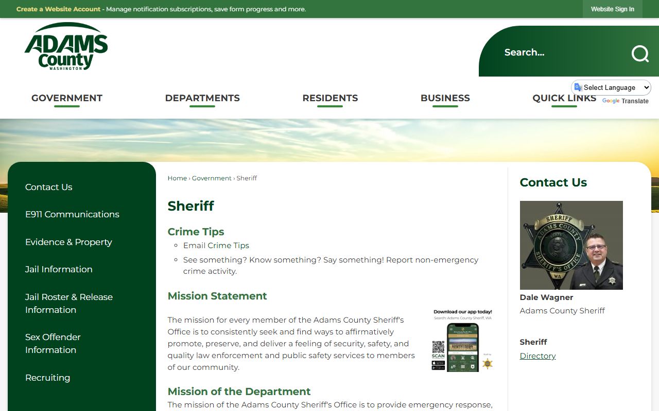 Adams County Sheriff office page with jail roster and arrest record information