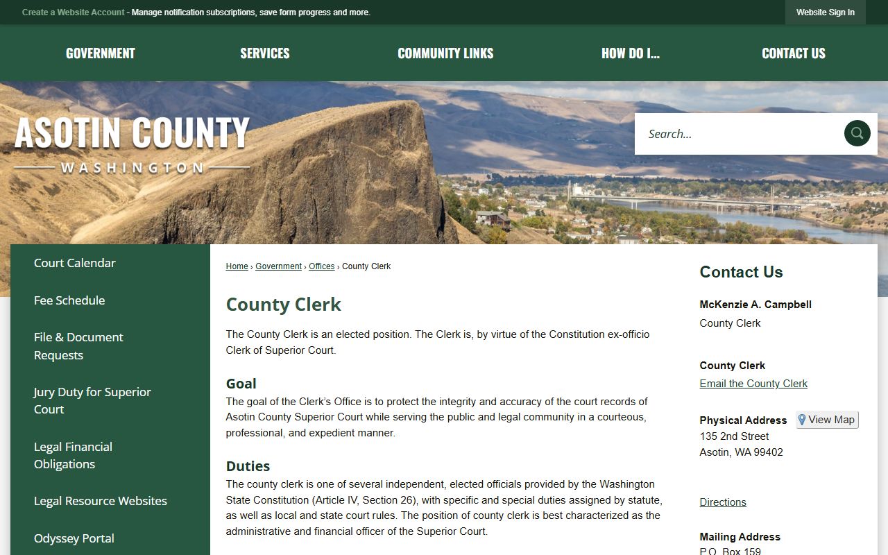 Asotin County Clerk page with felony records access and fee schedule
