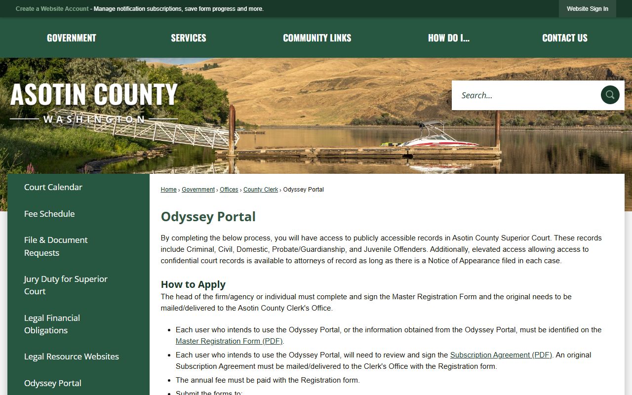 Asotin County Odyssey Portal showing felony case access and subscription options