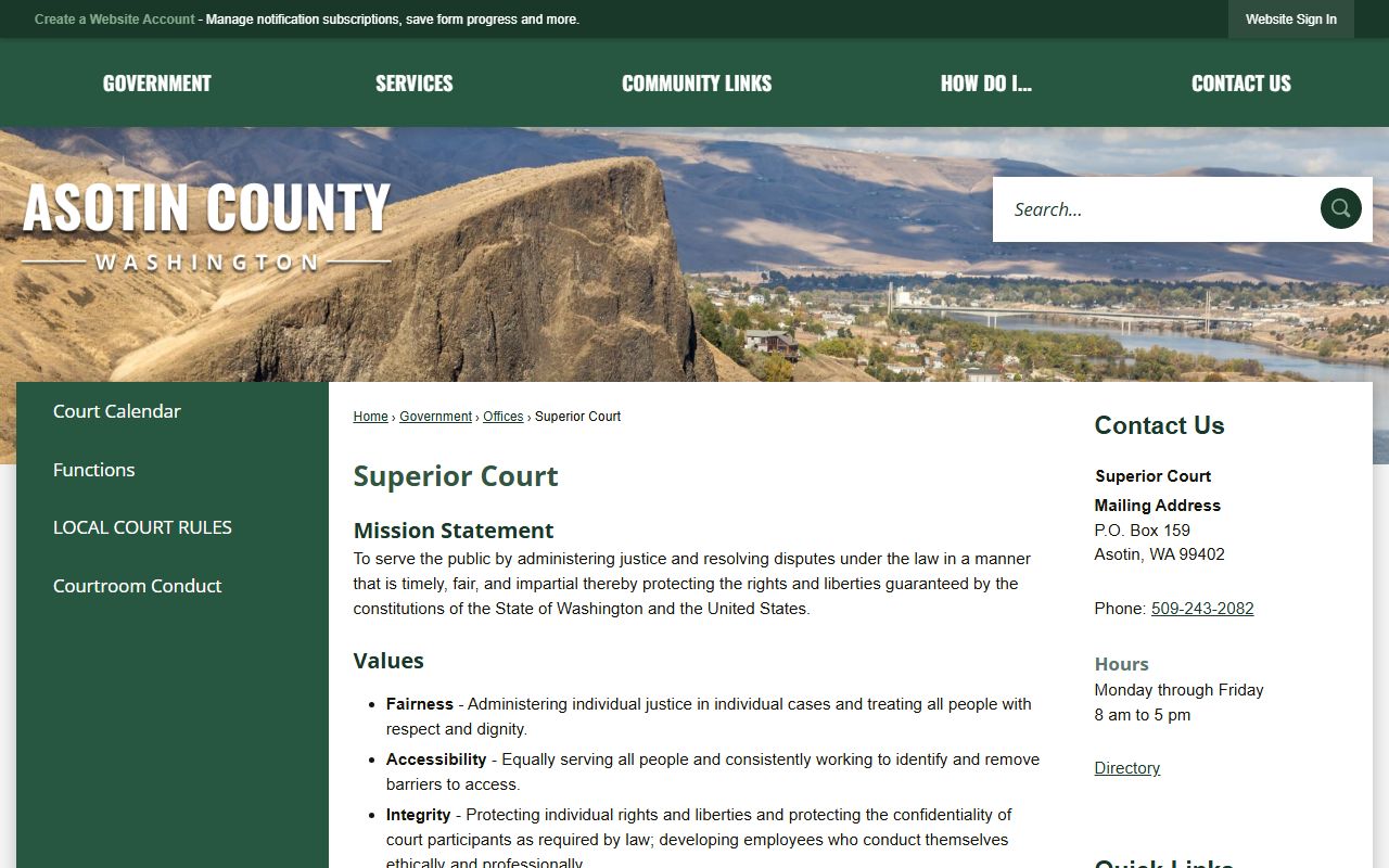 Asotin County Superior Court page showing felony case processing and court structure