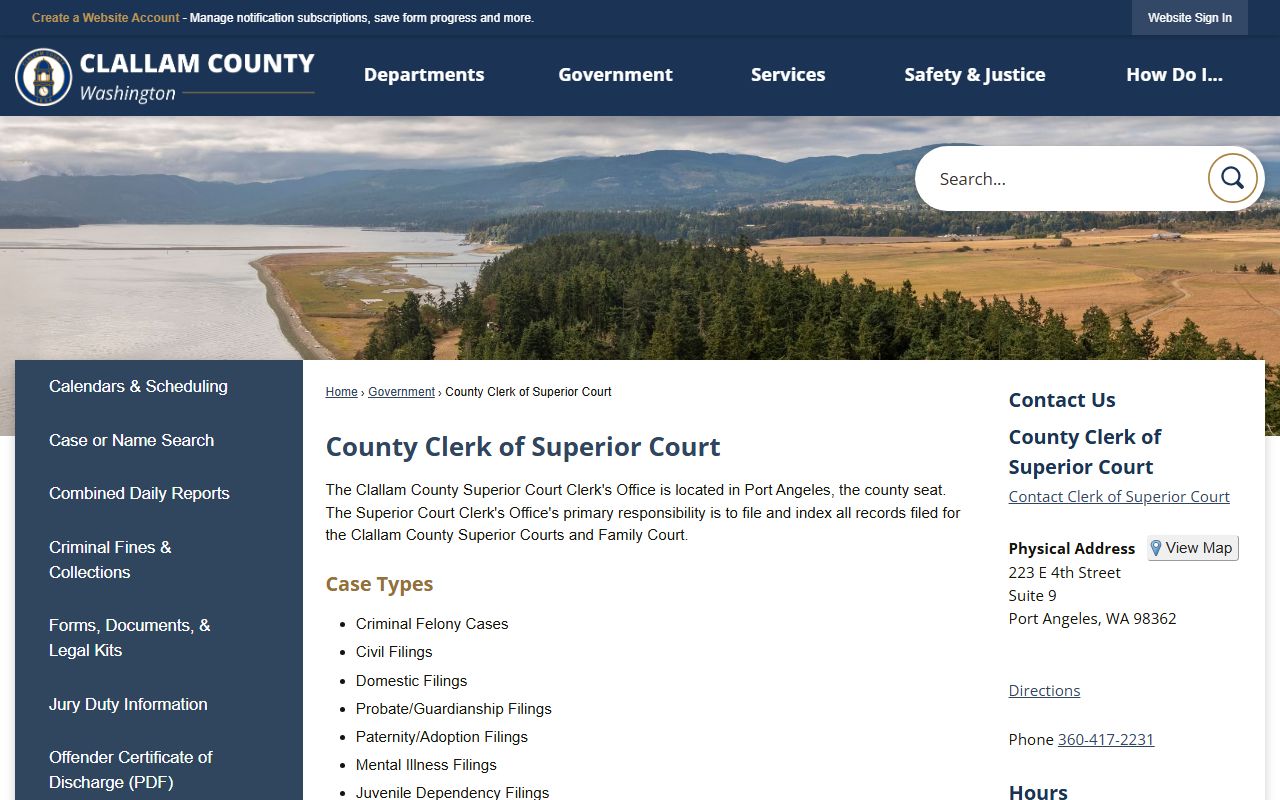 Clallam County Clerk page showing felony records access and courthouse contact information
