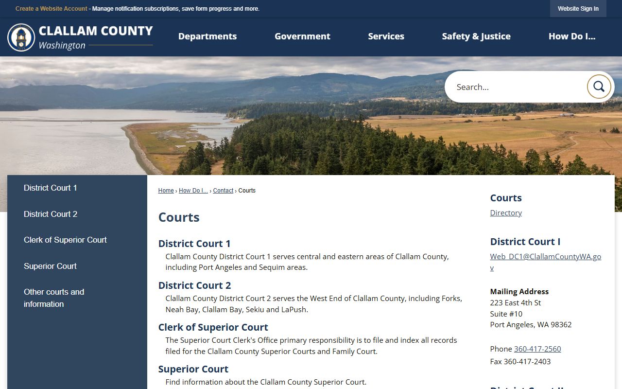 Clallam County courts page showing District Court and Superior Court structure for felony cases