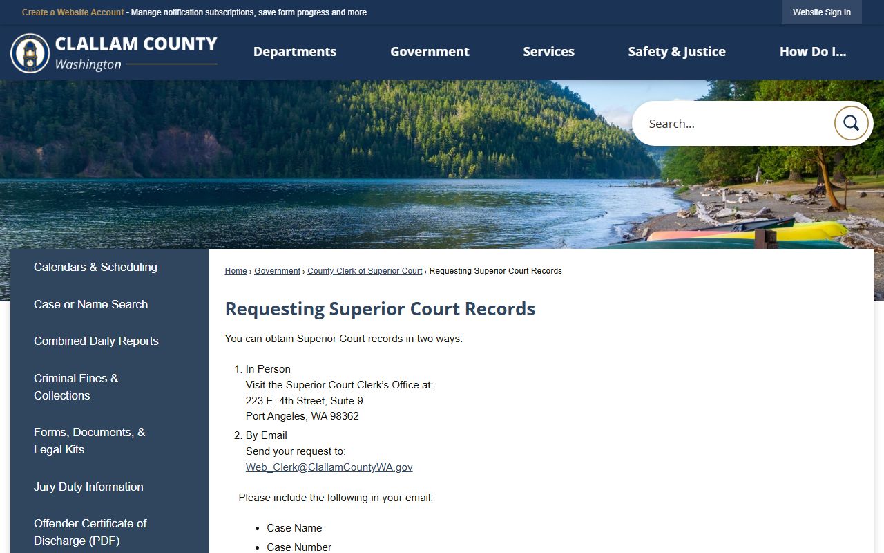 Clallam County records request page showing how to obtain felony court records and fee schedule