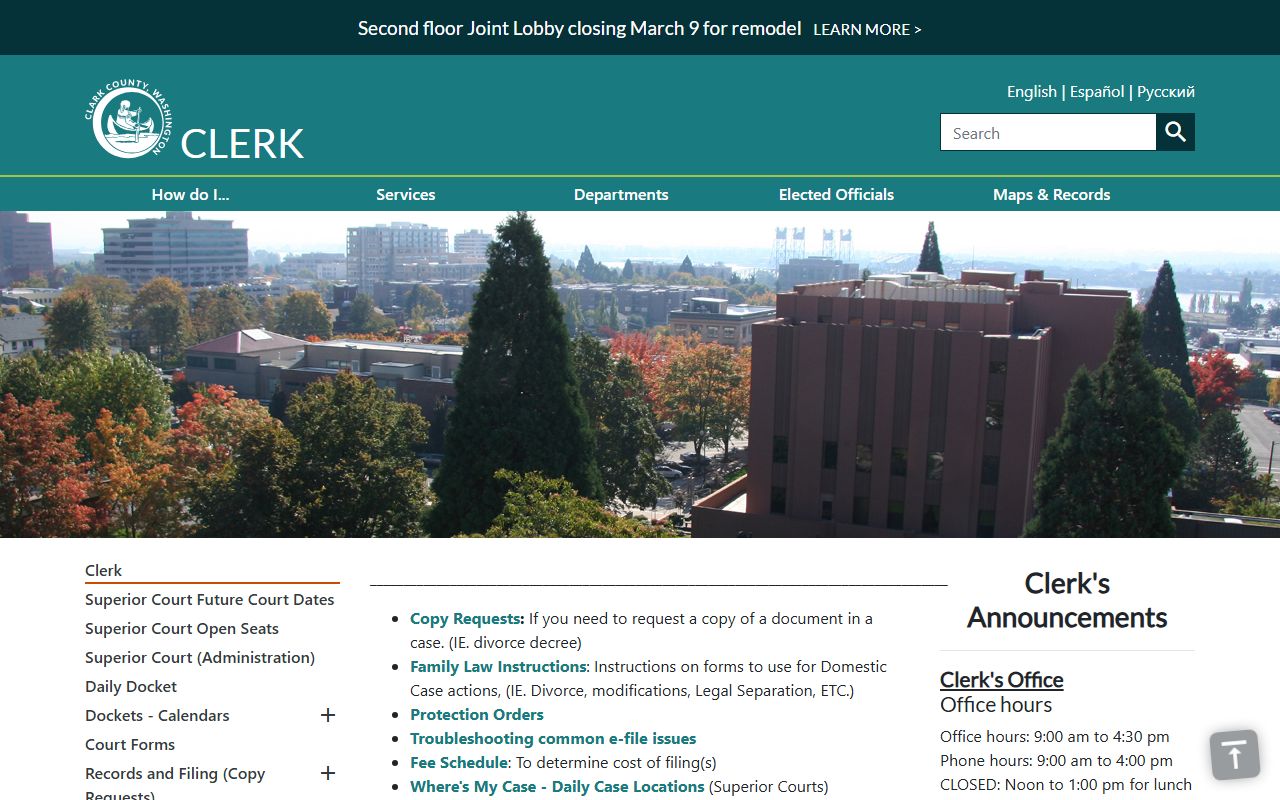 Clark County Clerk page showing felony records access and court services in Vancouver