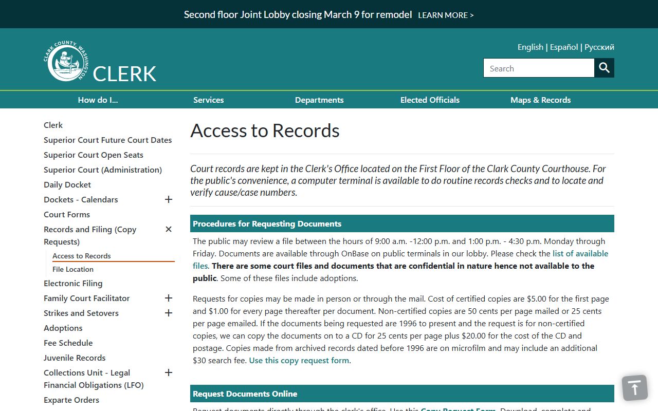 Clark County clerk records access page showing options for obtaining felony case files