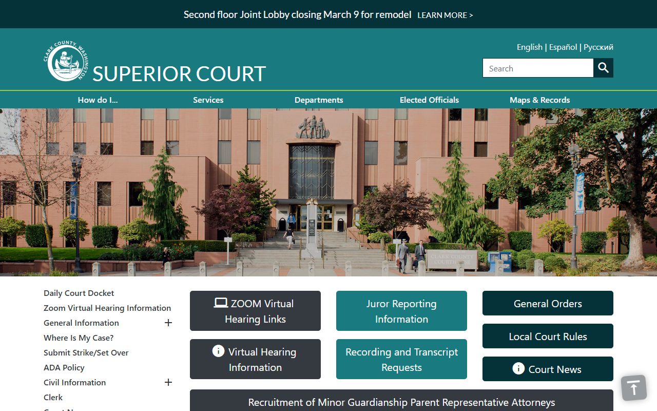 Clark County Superior Court page showing felony case jurisdiction and court structure in Vancouver