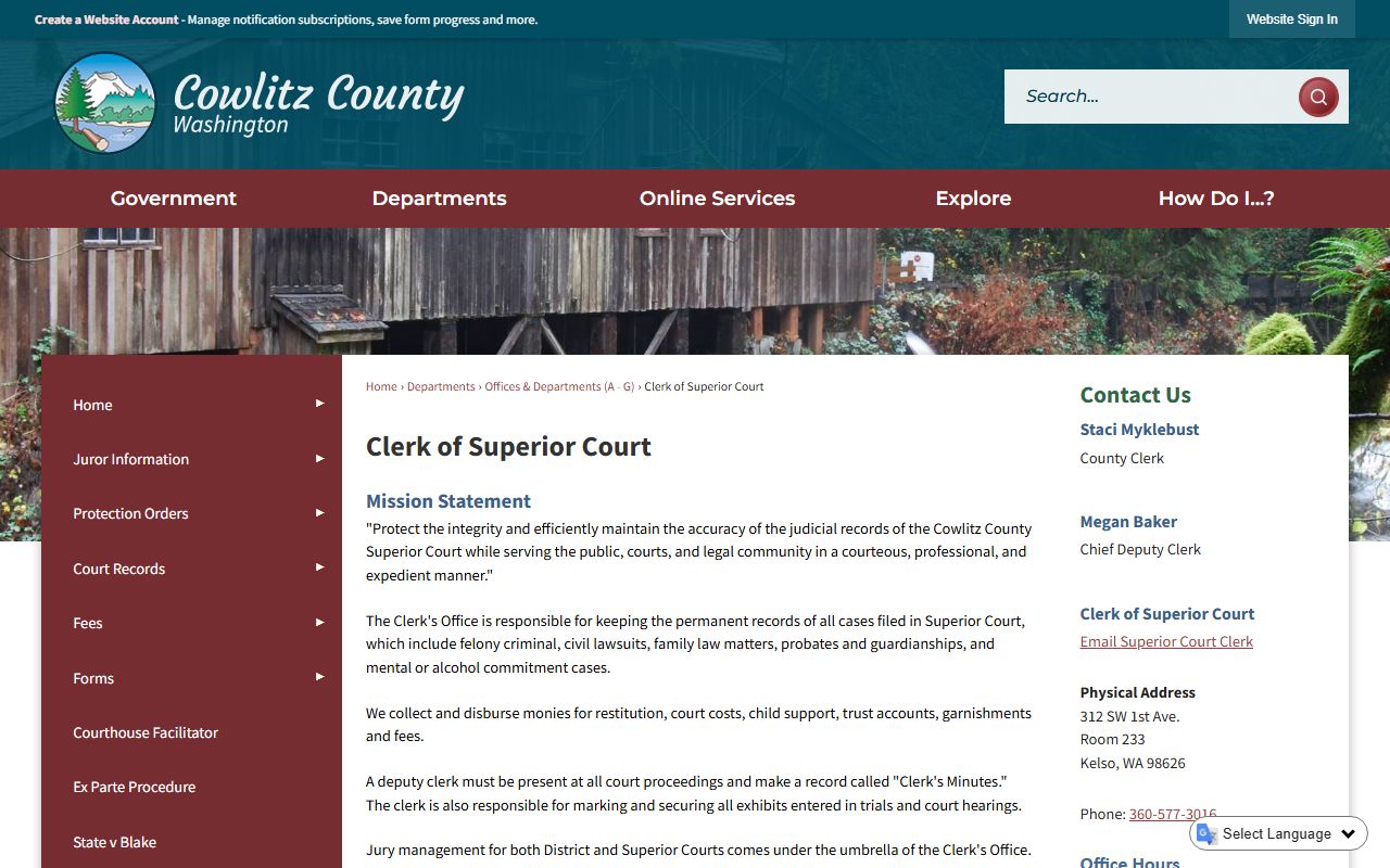 Cowlitz County Superior Court Clerk page showing felony records access and contact information
