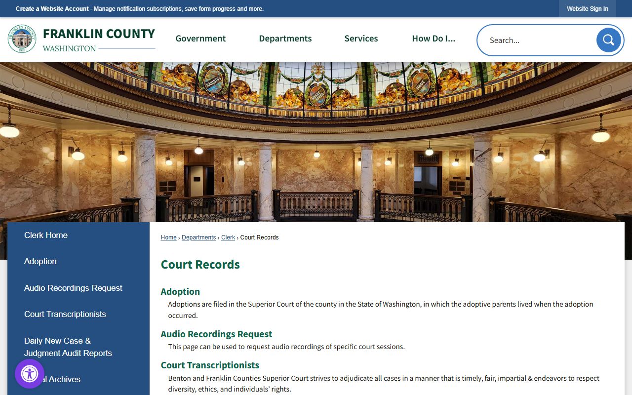 Franklin County Court Records page showing felony record access and copy request instructions
