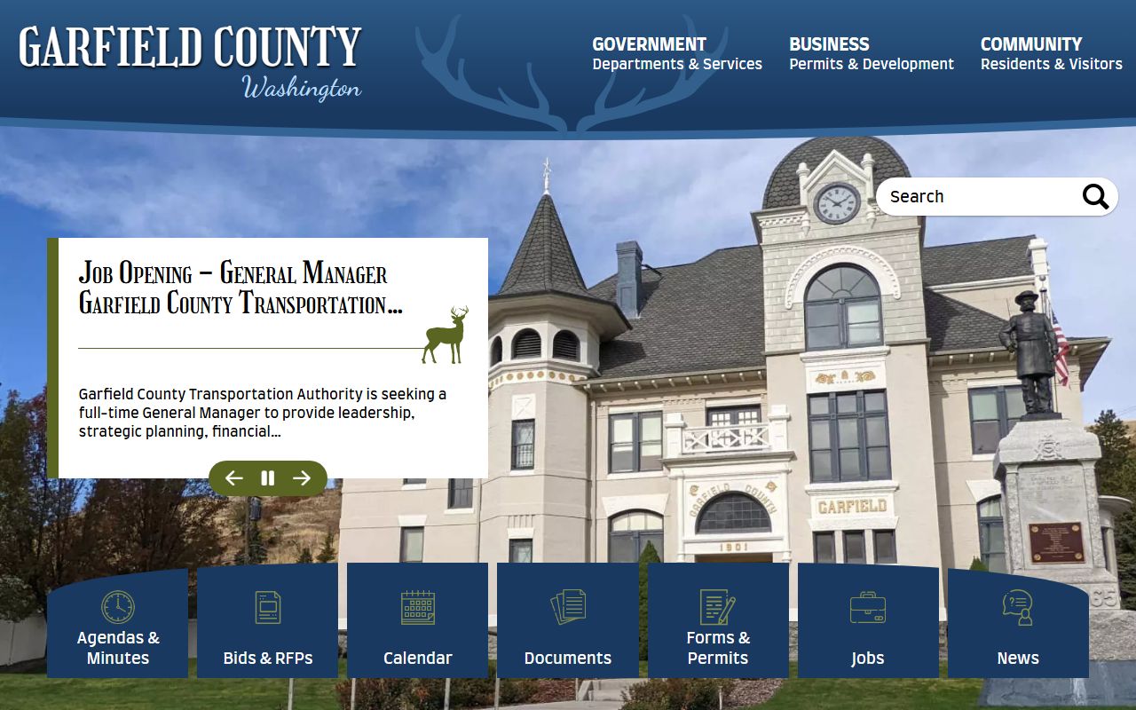 Garfield County main website showing county office directory and courthouse information