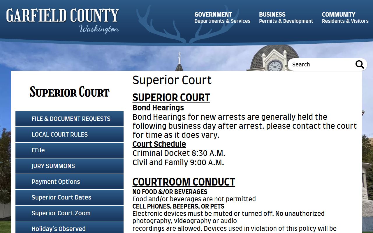 Garfield County Superior Court page showing clerk office and felony records information