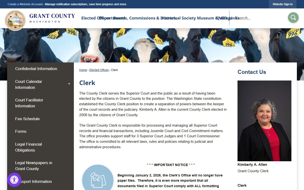 Grant County Clerk page showing contact information and felony record request process