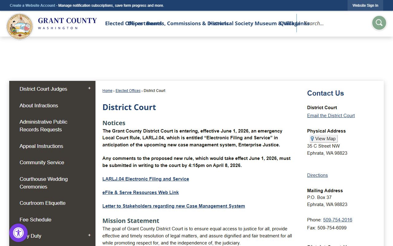 Grant County District Court page showing preliminary felony hearing information