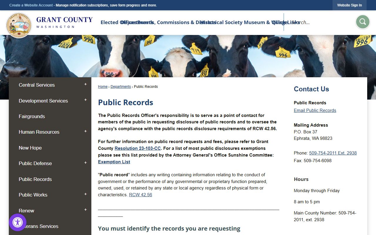 Grant County public records page showing request process and disclosure rules