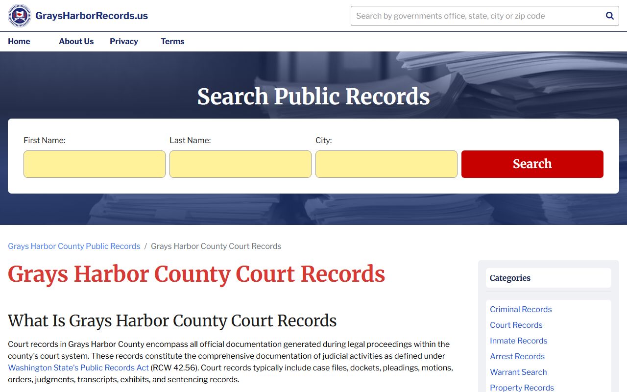 Grays Harbor County court records page showing felony case copy fees and request process