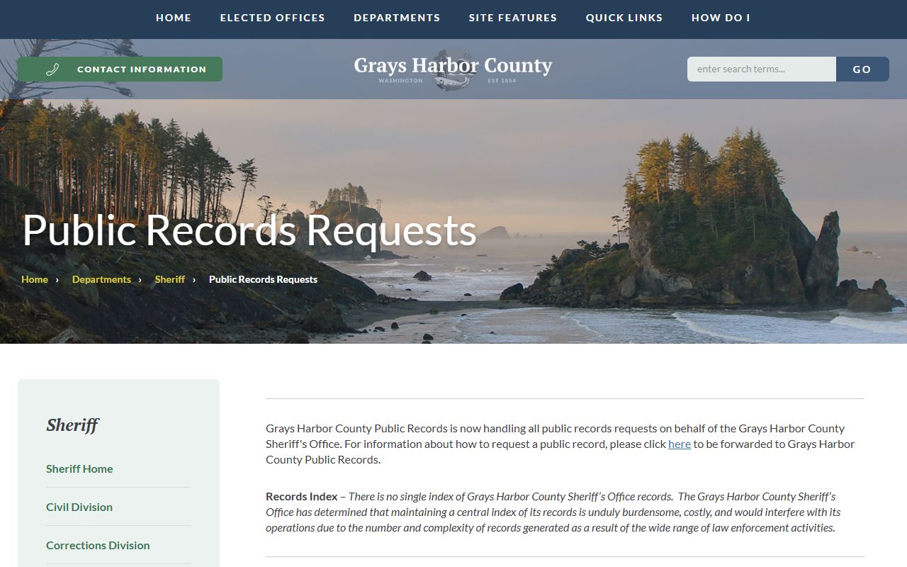 Grays Harbor County Sheriff public records request page for arrest and incident records