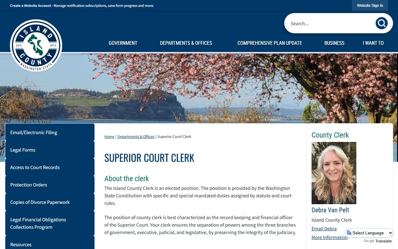 Island County Superior Court Clerk page showing contact information and copy request process