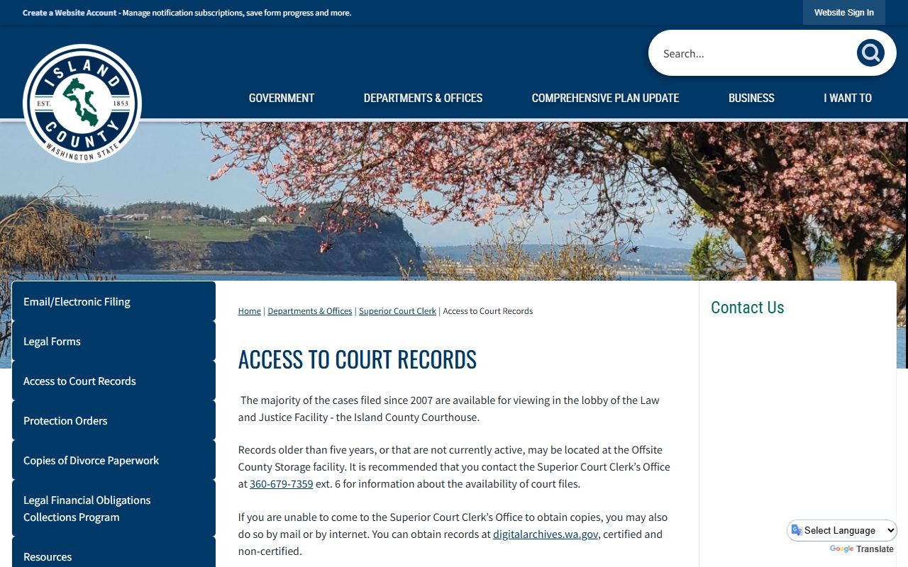 Island County access to court records page explaining 2007 cutoff and off-site storage policy