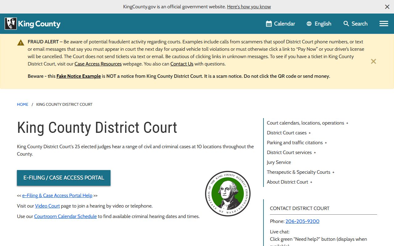 King County District Court page showing nine locations and preliminary felony hearing process