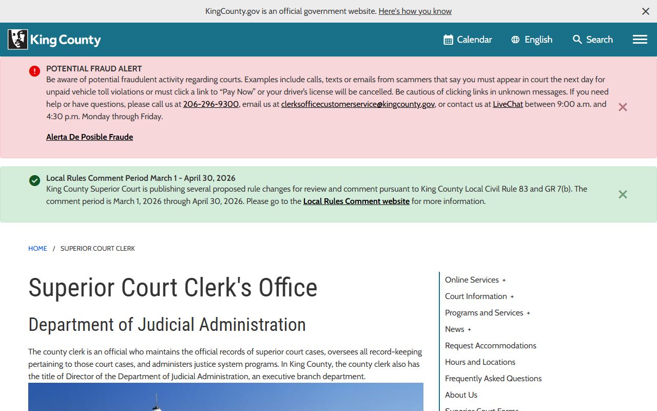 King County Department of Judicial Administration page showing clerk office and felony records services