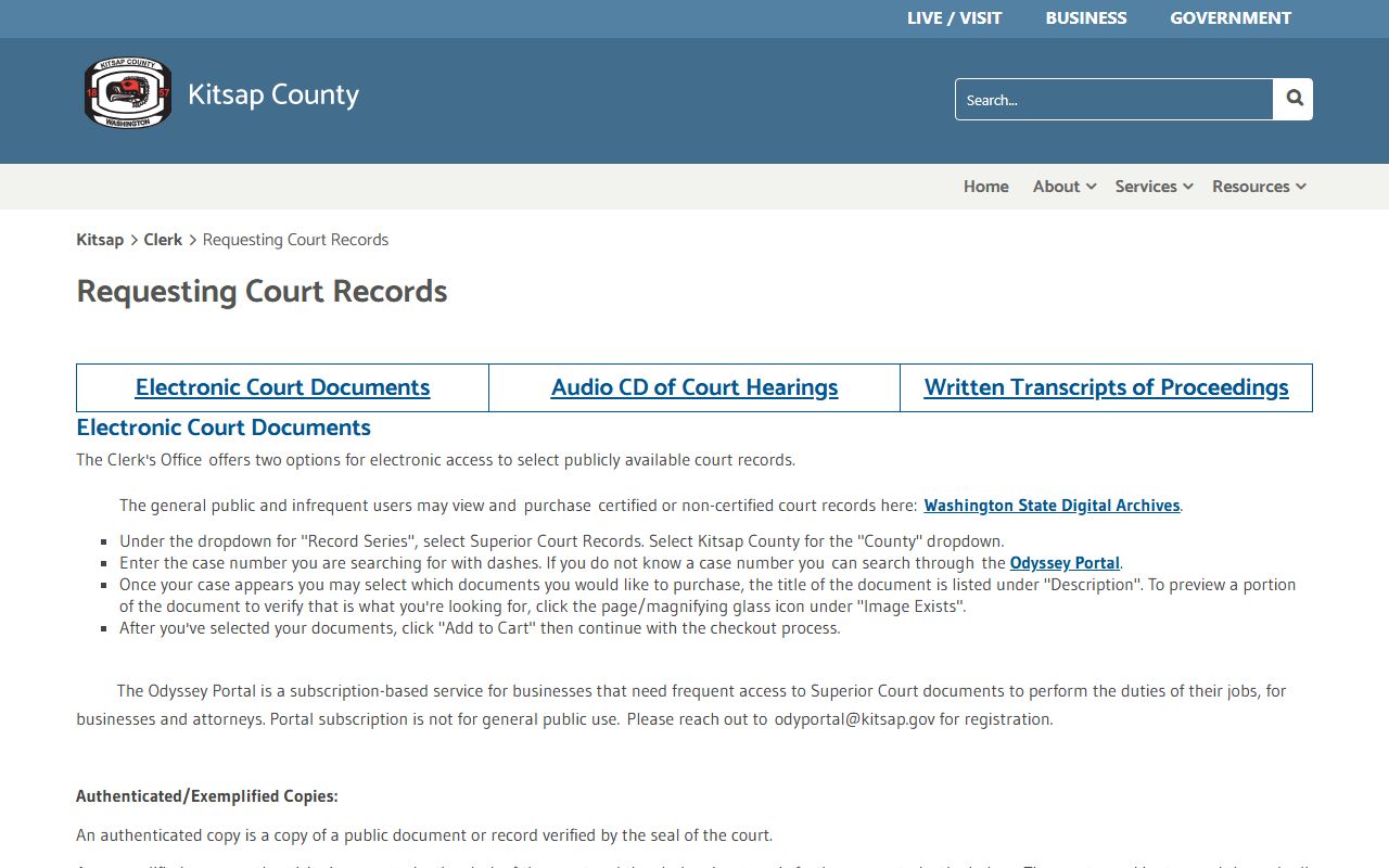 Kitsap County copy requests page showing fee schedule for certified and non-certified felony records