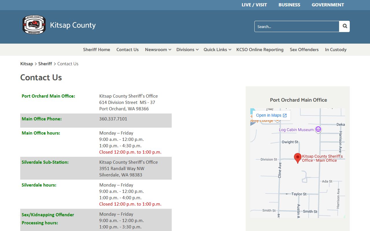 Kitsap County Sheriff contact page showing public records email and office locations