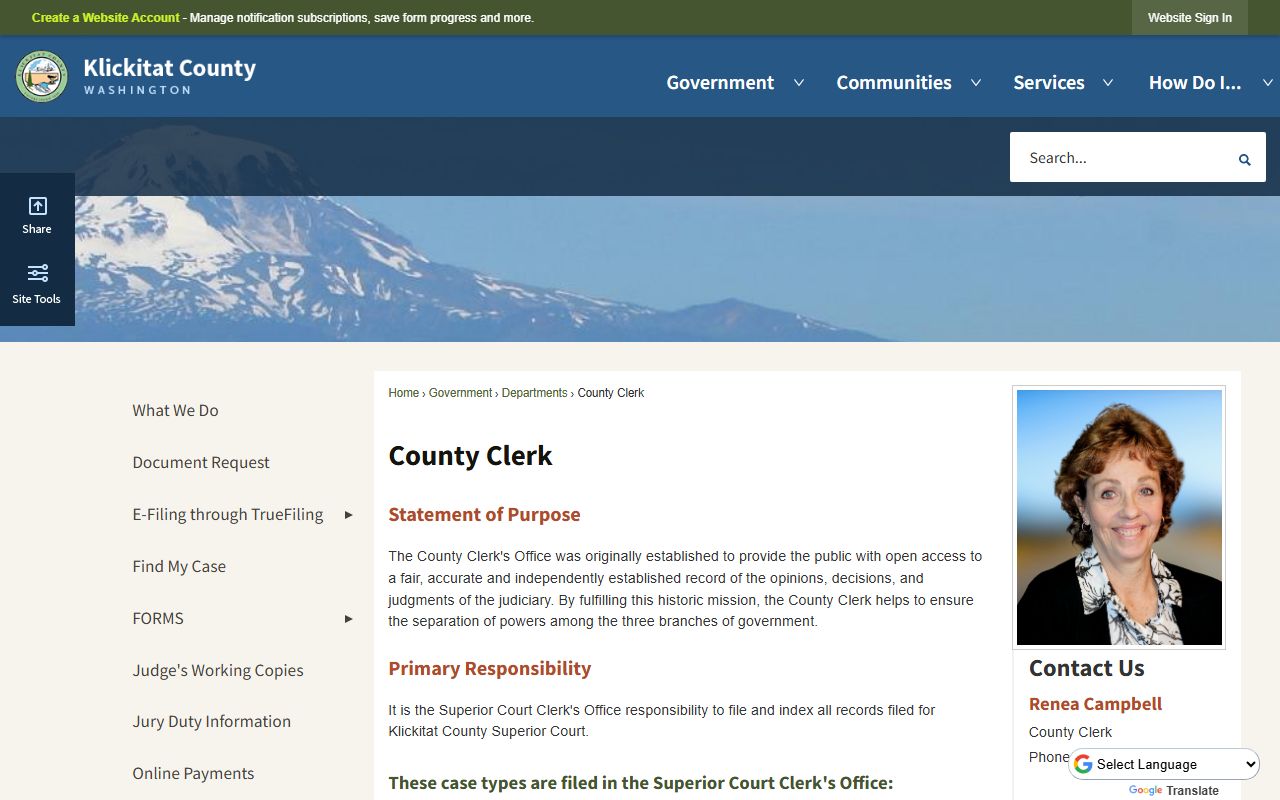 Klickitat County Clerk office page with felony records access and contact information