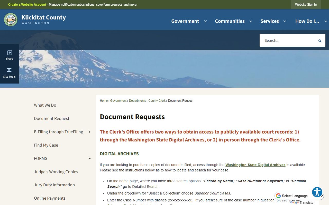 Klickitat County document request page showing how to obtain felony court records