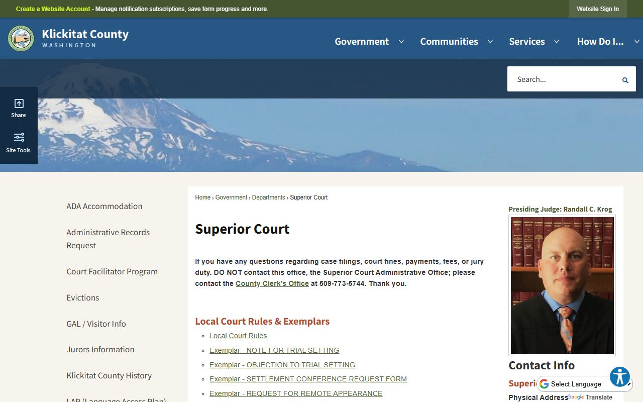 Klickitat County Superior Court page showing felony case and court information