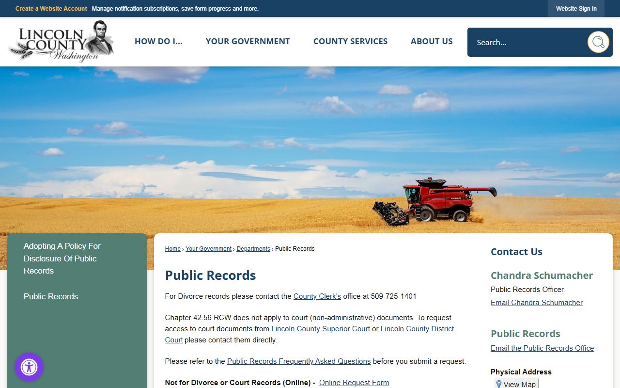 Lincoln County public records page showing how to request court and felony records