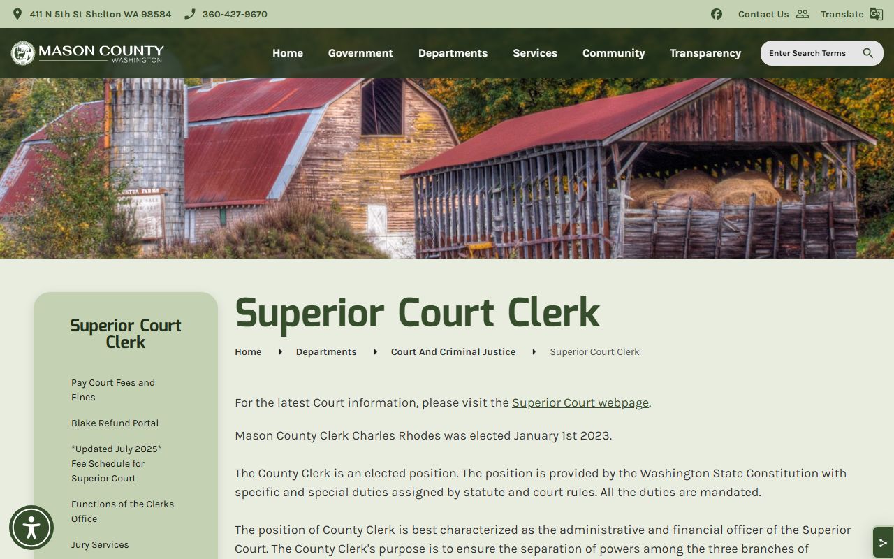 Mason County Superior Court Clerk page showing felony records access and contact information