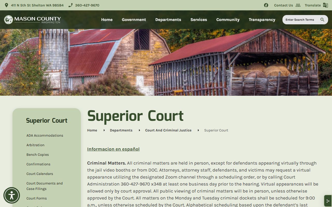 Mason County Superior Court page showing felony case procedures and judicial information
