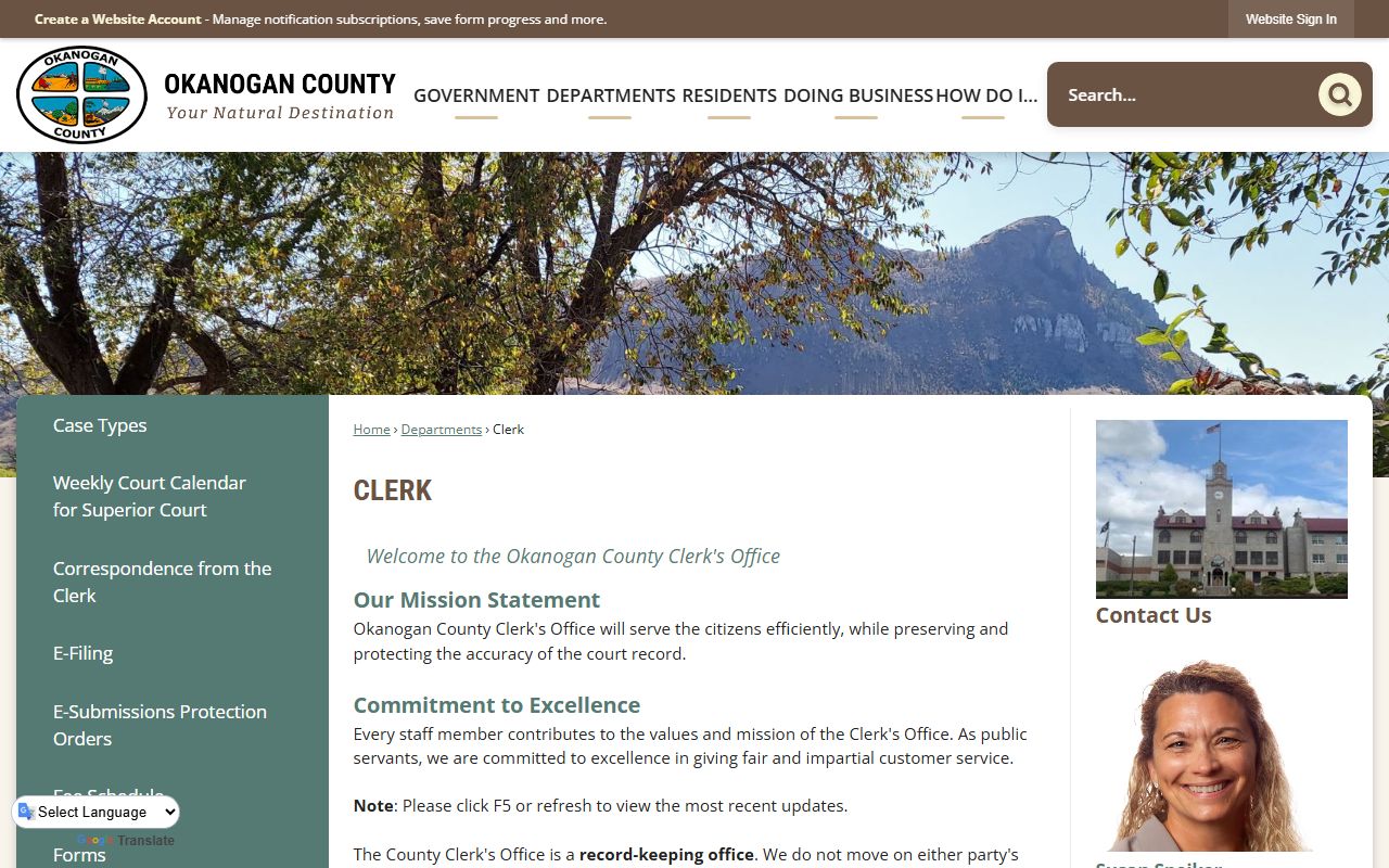 Okanogan County Clerk page showing felony records access and contact information