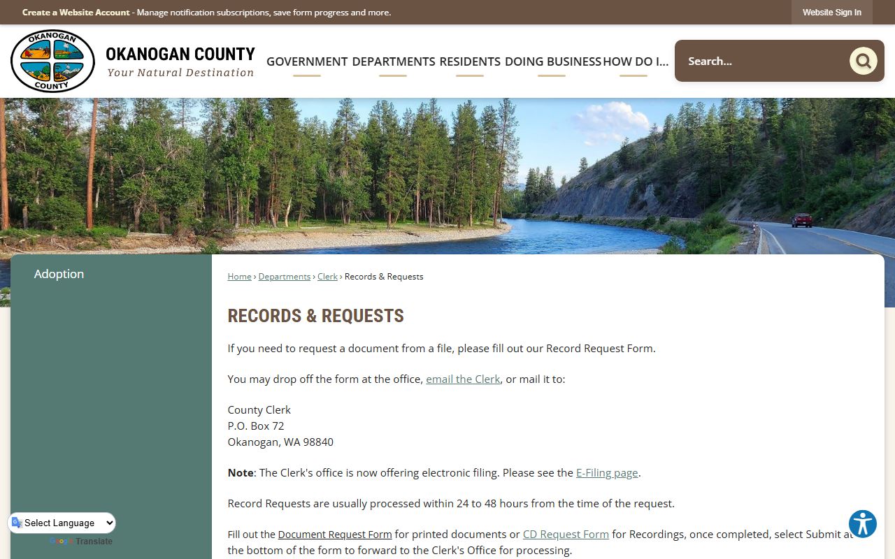 Okanogan County records request page showing fee schedule and request process