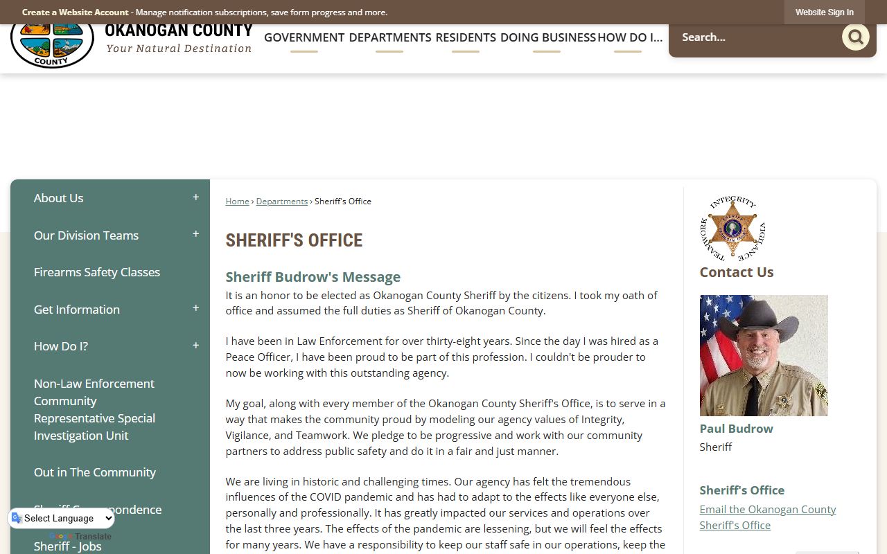 Okanogan County Sheriff office page with arrest records and contact information