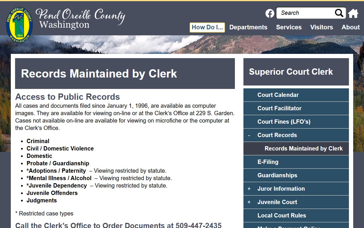 Pend Oreille County Superior Court Clerk page showing records available and copy fees